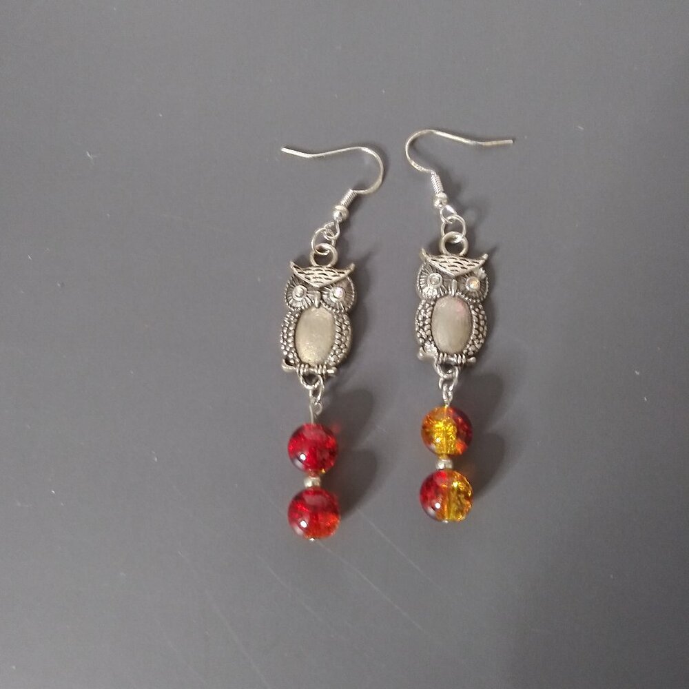 Autumn Glow Owl Dangle Earrings Vintage Inspired Charm & Firecracker Beads